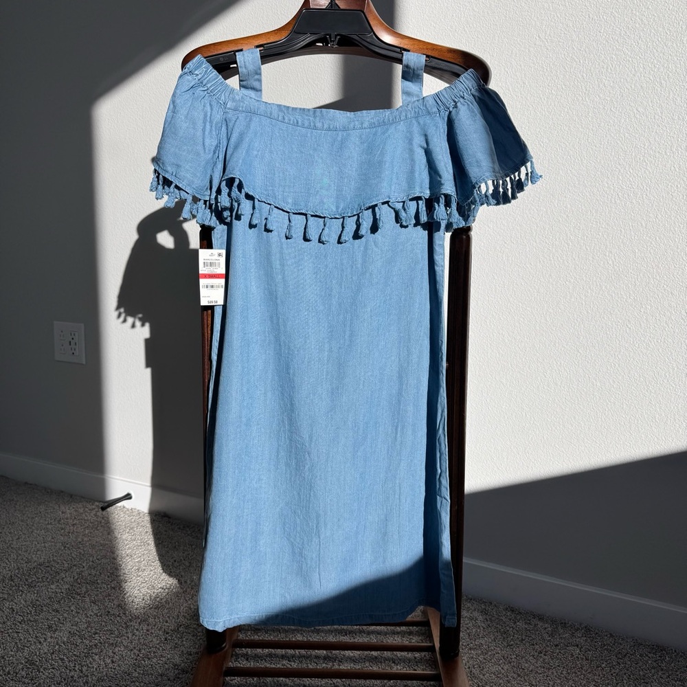 Thalia Sodi Chambray Off-Shoulder Tassel Dress XS Summer Off shoulder Resort